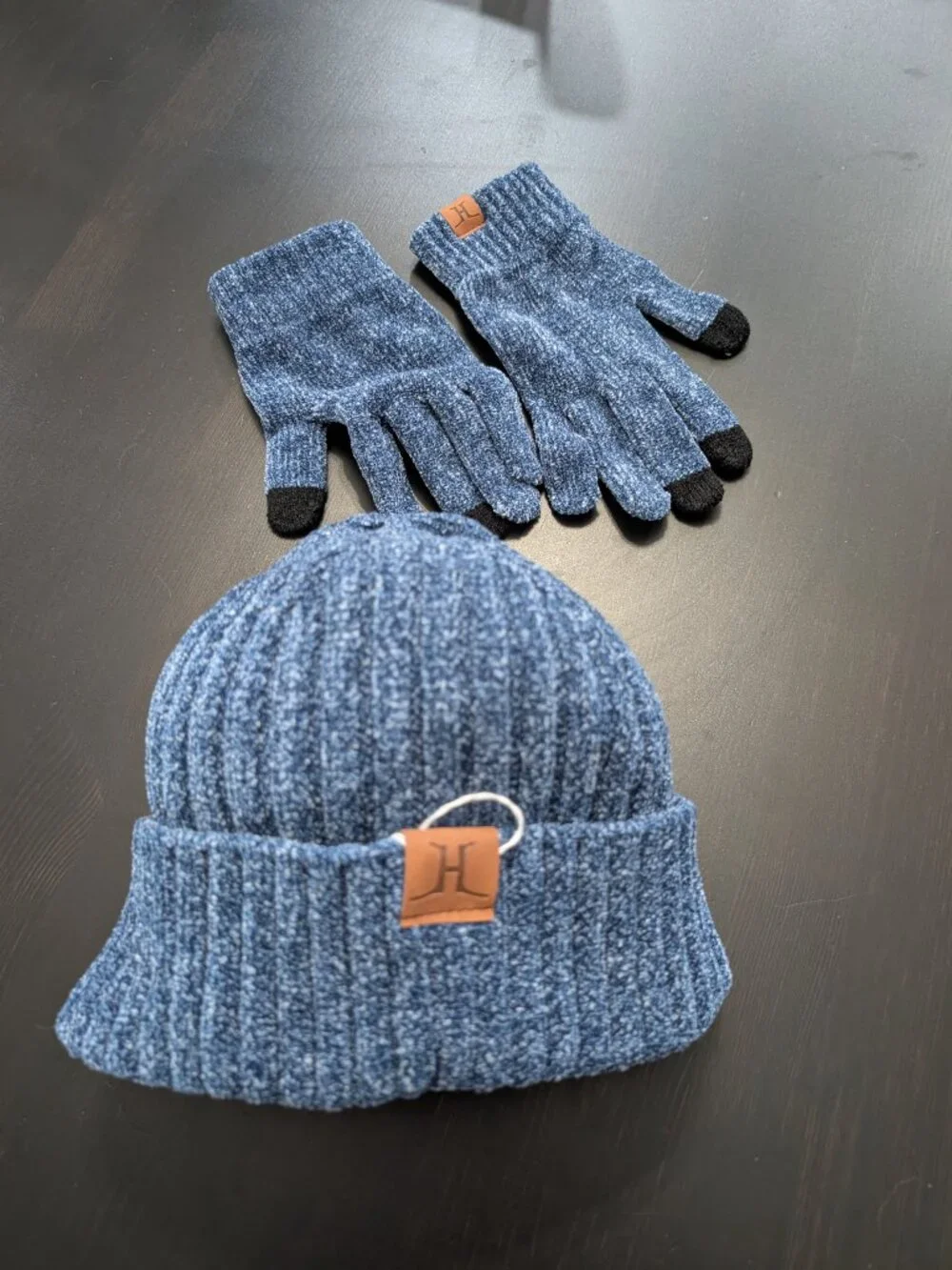 3 Piece Winter Knit Set Blue Beanie, Scarf, Gloves Unisex One Size